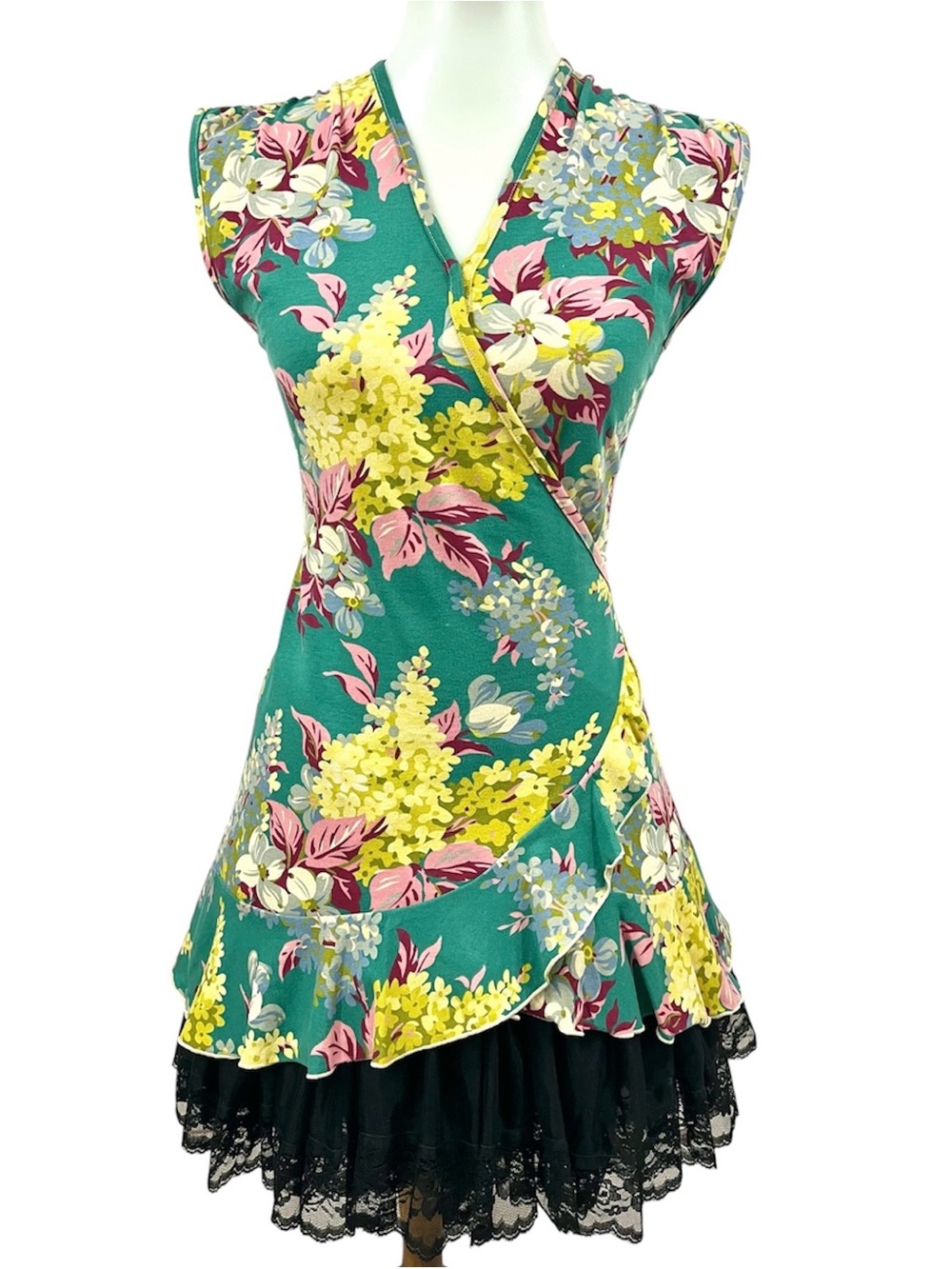 Effie’s Heart Modcloth Retro Teal Floral Ruffle Faux Wrap Kimono Tunic Top Dress